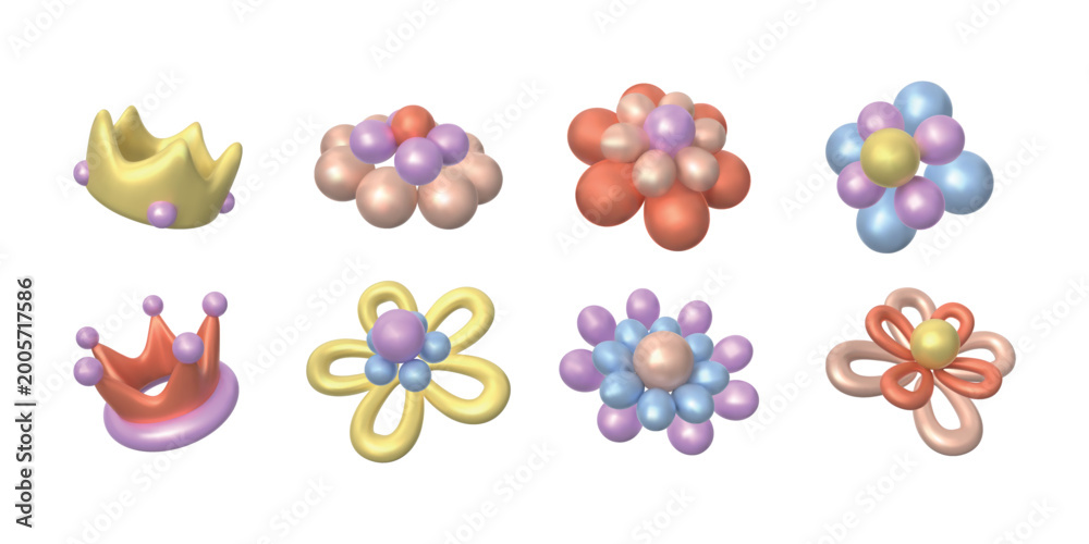Obraz premium 3d balloons. Flower birthday crown, cute and happy daisy art shapes. Festive day decorations in pastel colors. Inflatable blossoms compositions. Vector cartoon render glossy illustration