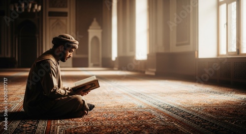Man in Traditional Attire Reading Holy Book in Mosque Peaceful Moment.