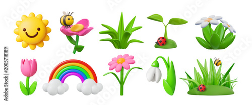 Clay springs elements. 3d play dough plasticine shapes, plastic sun rainbow texture or child cheerful nature objects. Smiling bee on meadow. Vector icon render isolated glossy cartoon style set