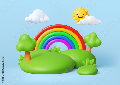 3d rainbow. Island park landscape, toy or tree podium land, soft spring hill. Environment scene plastic grass podium for product presentation. Vector render glossy isolated composition