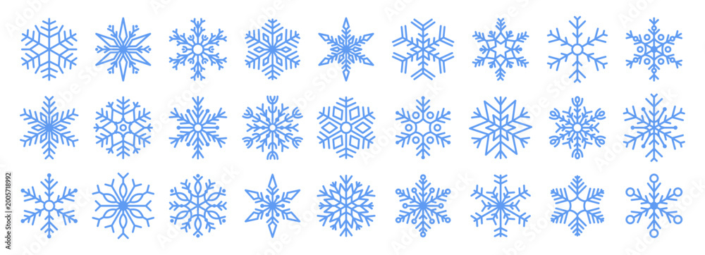 Naklejka premium Blue snowflake icon set. Line winter snow flake symbols, geometric forms for christmas frozen abstract decoration. New year holidays season. Cold weather sign. Vector isolated illustration