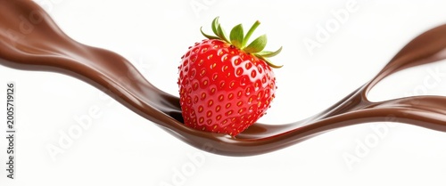 A red strawberry amidst a splash of chocolate sauce, perfect for food ads or dessert promotions.