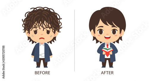Cute Cartoon Boy Before and After Hair Styling Comparison