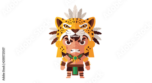 Fierce Aztec Warrior Character Illustration with Jaguar Headdress and Copy Space
