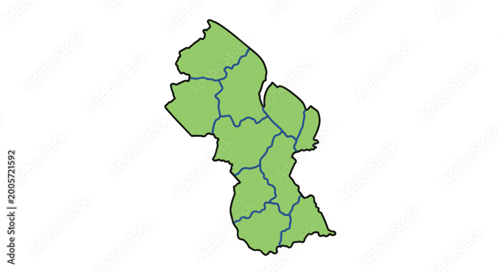 Fototapeta premium Guyana Map Outline Green Regions with Borders, Vector Graphic