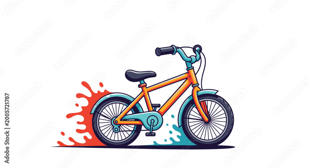 Fototapeta premium Illustration of a child's bicycle with colorful paint splashes, isolated on white