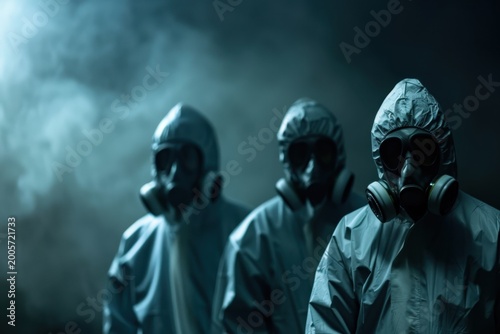 Three figures in hazmat suits and gas masks in smoky atmosphere