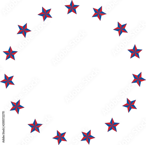 Patriotic Star Circle Border  Vector Illustration.
USA Red White Blue Round Frame Design.
American Star Wreath Border Circular Frame.
Transparent background.