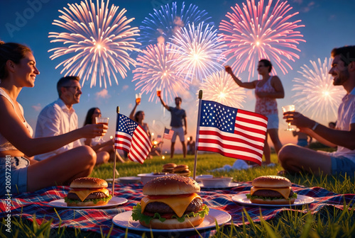 People enjoying beer and burgers during outdoor 4th July picnic with fireworks. Ideal for lifestyle content, summer parties, and hospitality advertisements.