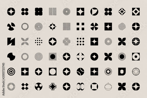 Collection of abstract geometric shapes and symbols on a muted background many diverse modern minimalistic icons set.