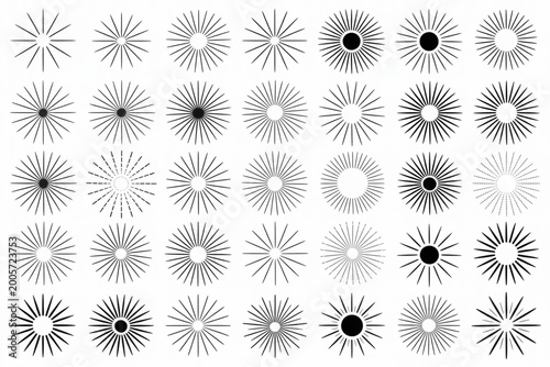 Collection of sunburst rays in various styles on a white background with many different sunray forms and light bursts.