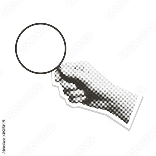 Foto Halftone hand holding magnifying glass for searching information
