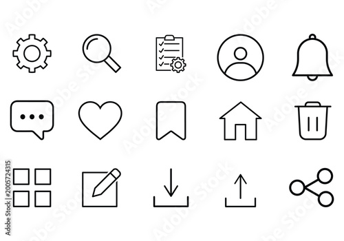 Minimal user interface icon set featuring settings, search, profile, notification, chat, home, bookmark, upload, download, and share symbols in clean outline vector style isolated on light background.