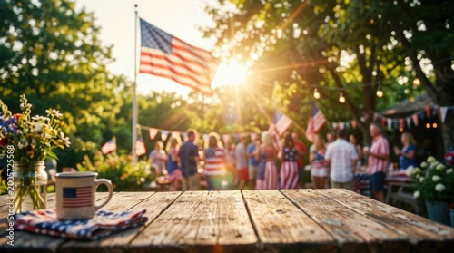 Usa independence day celebration festive backyard bbq with american flags and sunlight