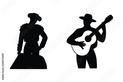 Vászonkép Silhouettes of a matador and a guitarist with bullfighter guitarist musician