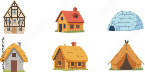 Tablou pe pânză Diverse Set of Historical Architecture Vector Icons Featuring Medieval Half-Timb