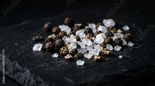 A close-up shot of coarse sea salt crystals and black peppercorns scattered on a dark slate surface
