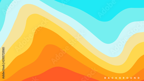 Abstract wavy layers of blue, yellow, and orange create a summer background, abstract gradient, minimalist illustration, contrast, tropical vacation celebration, energetic