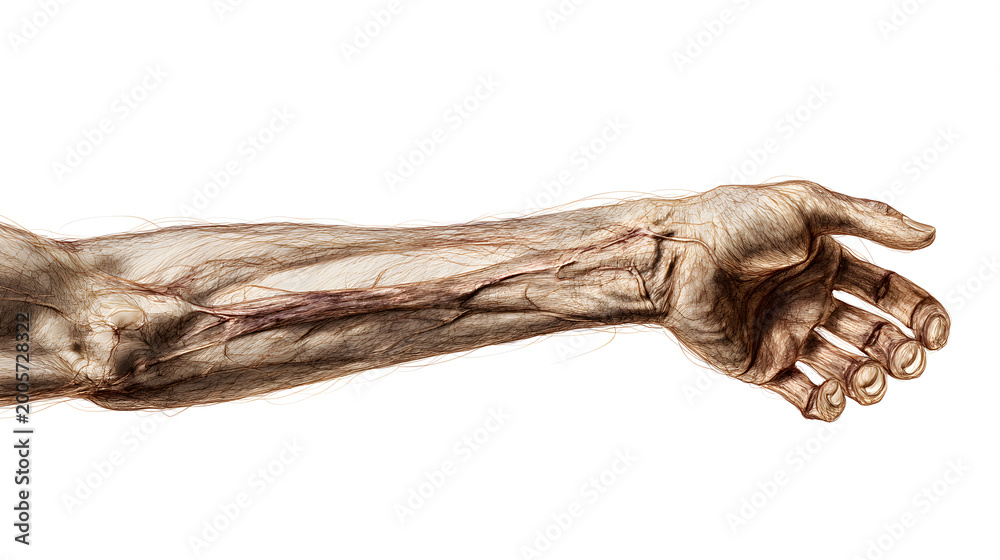 Obraz premium Detailed clinical photograph of human arm with visible veins and muscles on white background for medical education