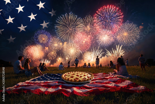 Traditional apple pie on American flag blanket with crowd watching 4th july fireworks in night sky. Patriotic lifestyle concept for summer holidays and community celebrations.
