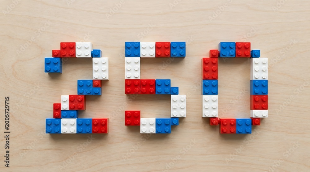Fototapeta premium Colorful lego blocks forming the number 250 on a beige background