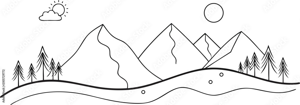 Fototapeta premium Minimalist line drawing of mountains trees sun and river on white background