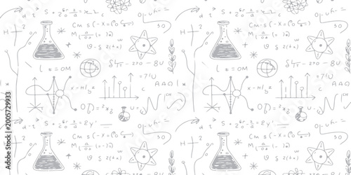 A seamless vintage pattern of hand-drawn science and chemistry formulas featuring a doodle art set of school education symbols and math sketches on a black chalk blackboard texture