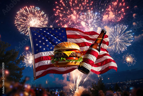 Hamburger and beer bottle placed in front of waving flag with 4th July fireworks. Ideal for pub promotions, holiday menus, and patriotic advertisements.