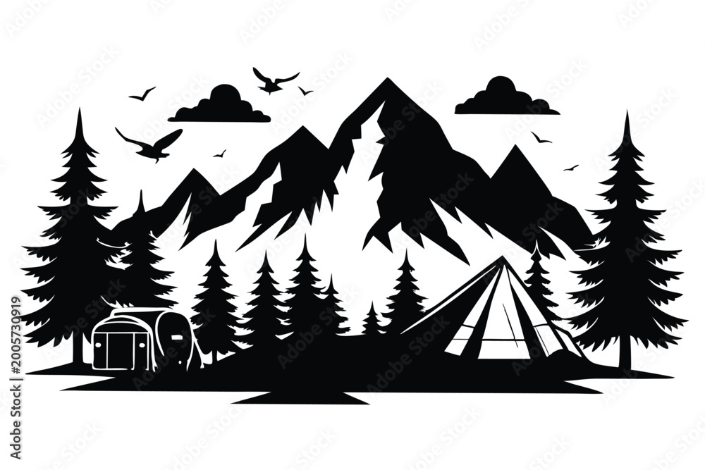 Obraz premium mountains and fir trees camping adventure wildlife silhouette line art vector illustration