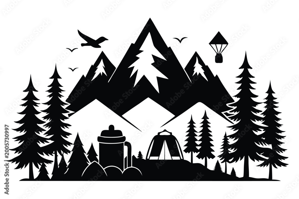 Fototapeta premium mountains and fir trees camping adventure wildlife silhouette line art vector illustration