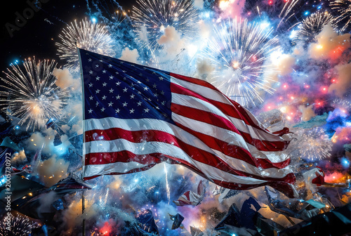 Large American flag billowing against dense 4th July firework explosions. Powerful background for national holidays, patriotic pride, and celebrations.
