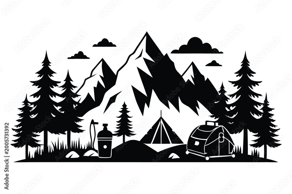 Obraz premium mountains and fir trees camping adventure wildlife silhouette line art vector illustration