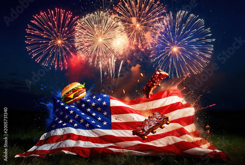 Hamburger and barbecue ribs flying over American flag with 4th july night fireworks. Exciting food concept for fast food brands and patriotic holiday sales events.