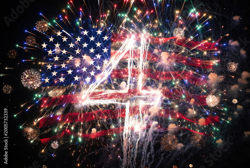 Glowing number four inside firework burst over flag background for 4th July. Ideal visual for national holidays, independence day, and patriotic events.
