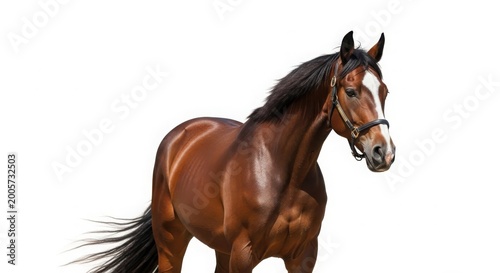 Majestic bay horse with white blaze, powerful brown stallion in leather halter, athletic thoroughbred equine portrait for equestrian sports isolated on White Background
