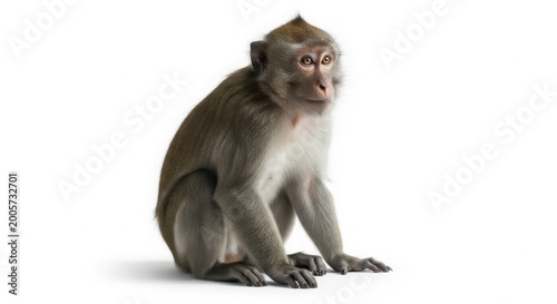 Long-tailed macaque monkey sitting, wild primate with brown fur and expressive face, curious crab-eating macaque in a studio portrait isolated on White Background