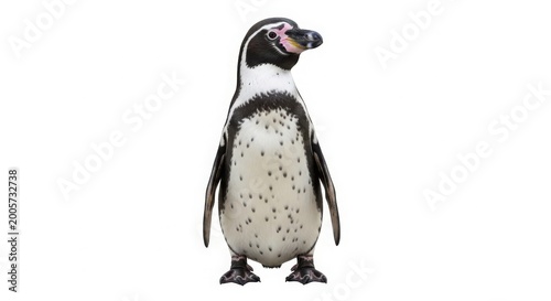Humboldt penguin standing in full body view, black and white flightless seabird with spotted chest, aquatic wildlife animal portrait isolated on White Background