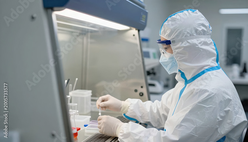Scientist in Protective Gear Conducting Experiment in Laboratory: Science Research