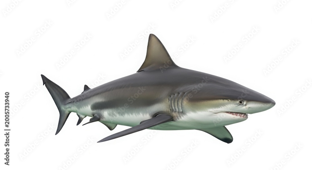 Fototapeta premium Bull shark swimming profile, aggressive marine predator with grey skin and dorsal fin, powerful aquatic wildlife animal for educational use isolated on White Background