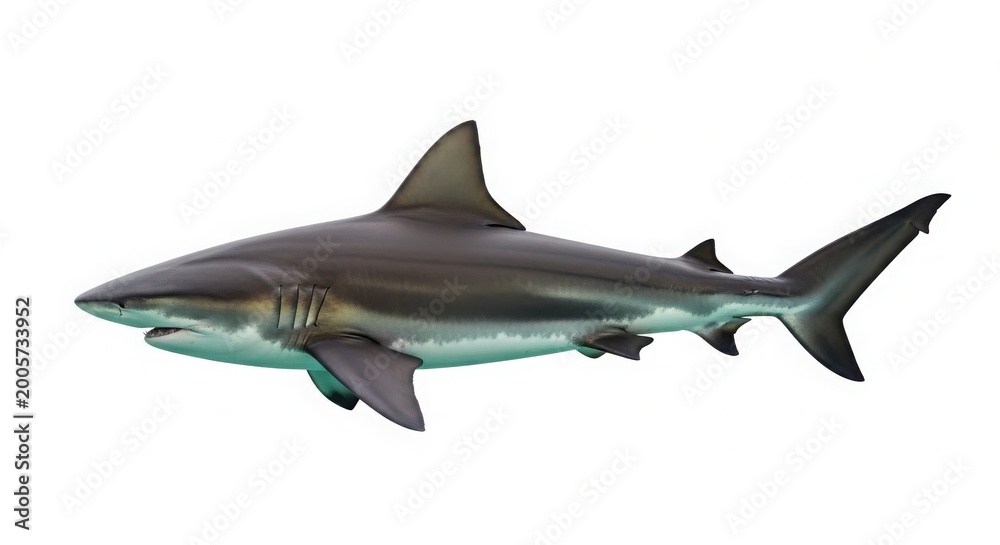Obraz premium Bull shark swimming profile, aggressive marine predator with grey skin and dorsal fin, realistic ocean wildlife photography for educational use isolated on White Background