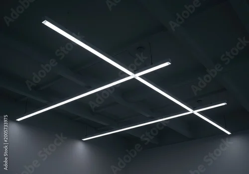 Fototapeta na wymiar Abstract view of a minimalist white rectangular light panel suspended from a high ceiling, emphasizing clean lines and modern architectural geometry, blank, illumination, suspended