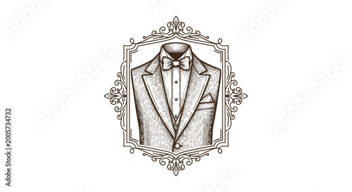 Foto Vintage Engraved Tuxedo Emblem with Ornate Frame