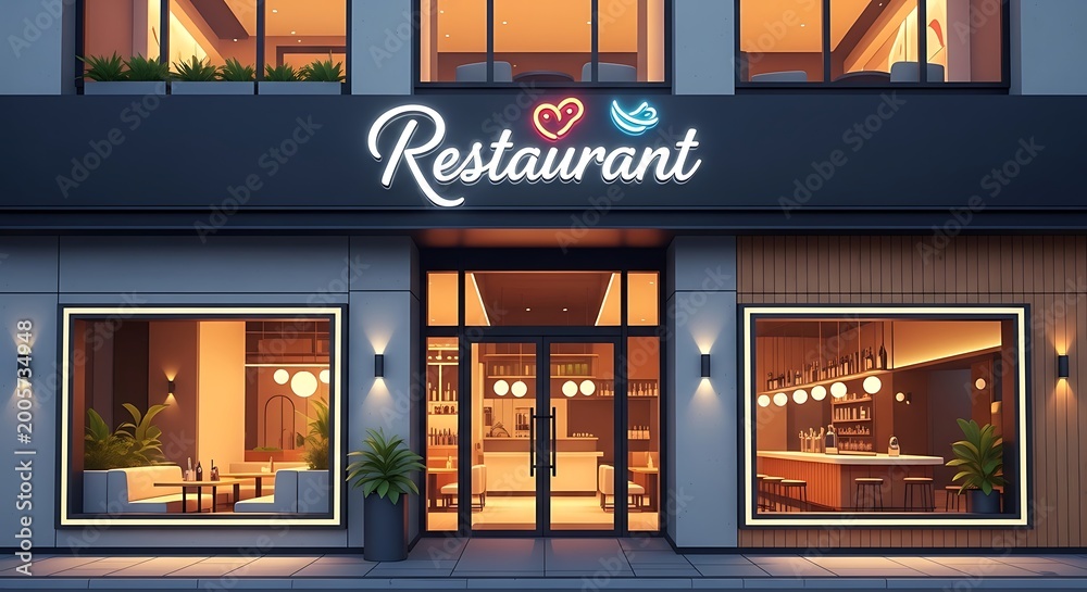 Fototapeta premium Modern restaurant exterior at night time.