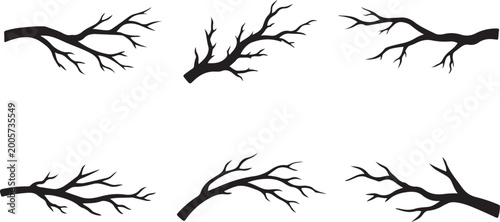 Black Bare Tree Branches Isolated on White Background