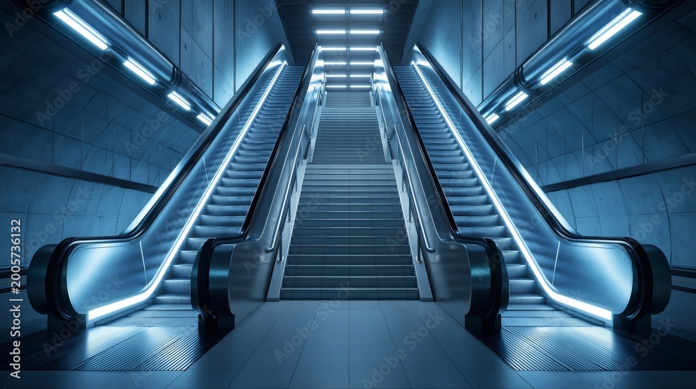 Fototapeta premium Escalators moving up to a modern subway station