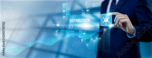 Logistics manager hand holding distribution interface on digital screen, supply chain management, product delivery system, inventory tracking and global logistics operations