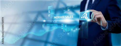 Business professional hand holding increase sales interface on digital screen, sales growth strategy, marketing performance, revenue optimization and business expansion system