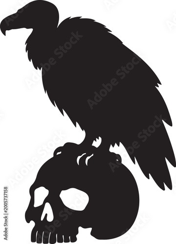 Foto Black Vulture Perched on Skull Isolated on White Background