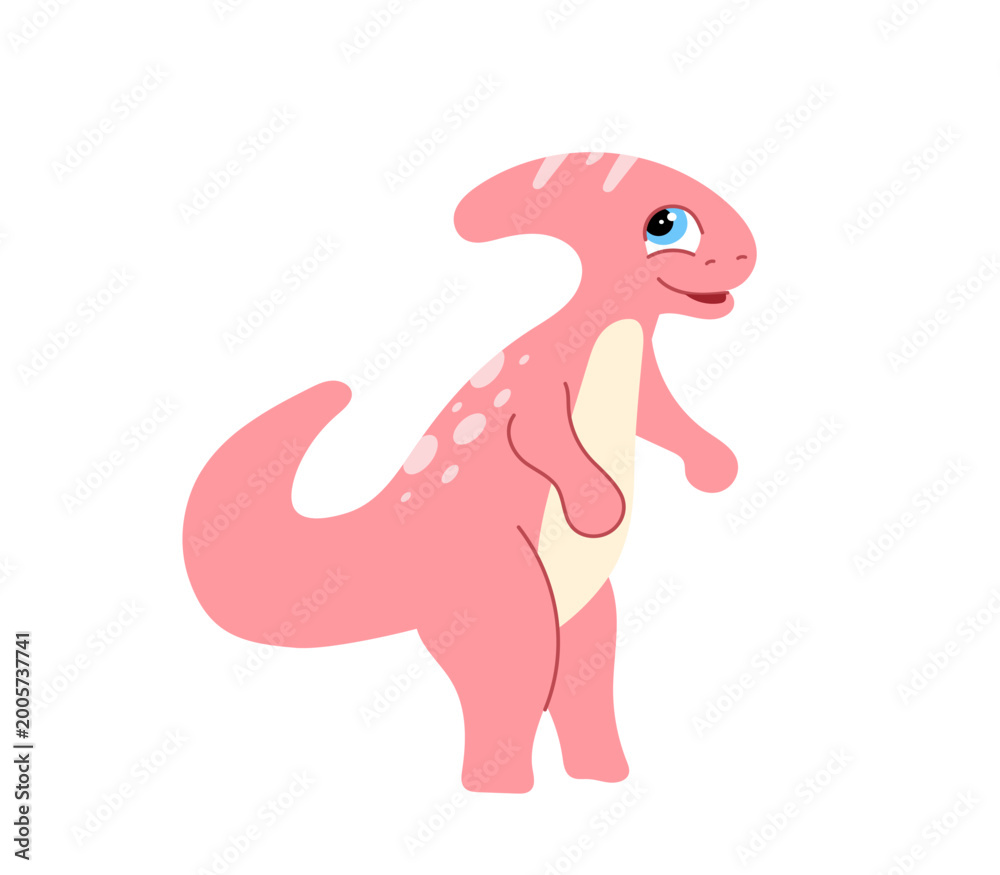 Fototapeta premium Little pink crested dinosaur with spots. Friendly animal character for kids' education, nursery decor, and textile design. Vector illustration isolated on white background.
