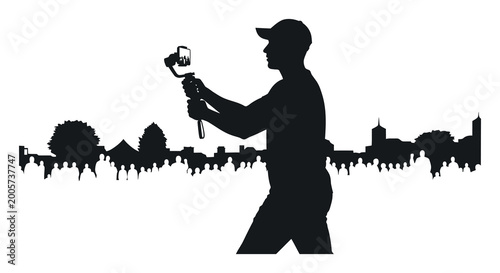 Photography person holding camera stabilizer in front of cityscape silhouette high quality p